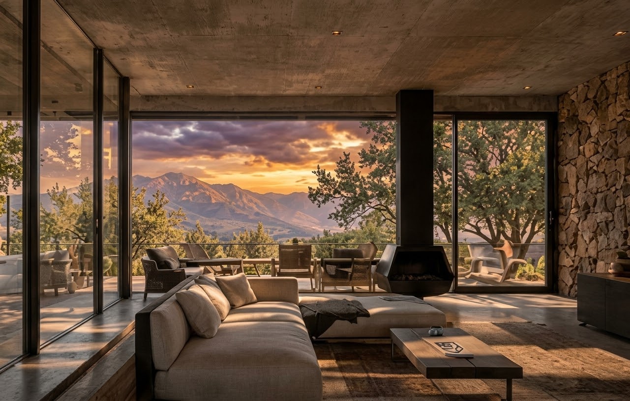 Casa del Olivo — sala de estar interior con materiales naturales